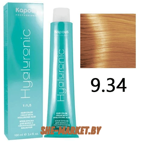 Крем-краска для волос Hyaluronic acid  9.34 Очень светлый блондин золотистый медный, 100 мл
