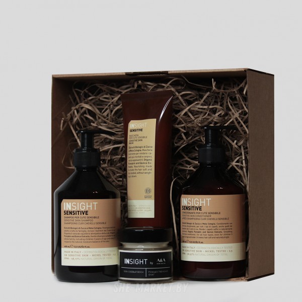 Бокс SENSITIVE: Шампунь SENSITIVE SKIN SHAMPOO, 400мл + Кондиционер SENSITIVE SKIN CONDITIONER, 400мл + Маска SENSITIVE SKIN Mask, 250мл + Свеча ароматическая соевая в банке, 100мл